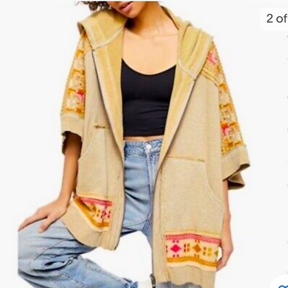 Free People Jackets & Blazers - FREE people BoHo poncho  embroidered fire side full zip jacket